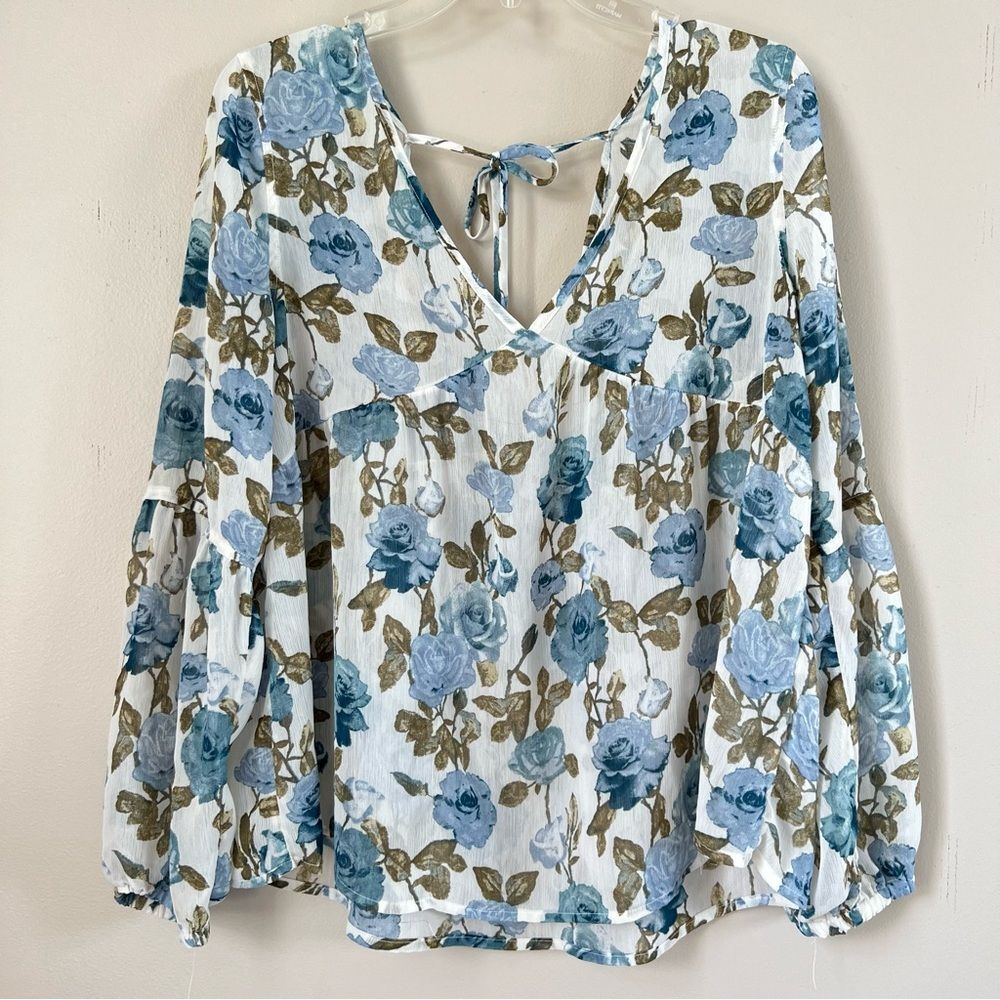 Mossimo Supply Co Sheer Babydoll Blue Cream Floral Long Sleeve Blouse